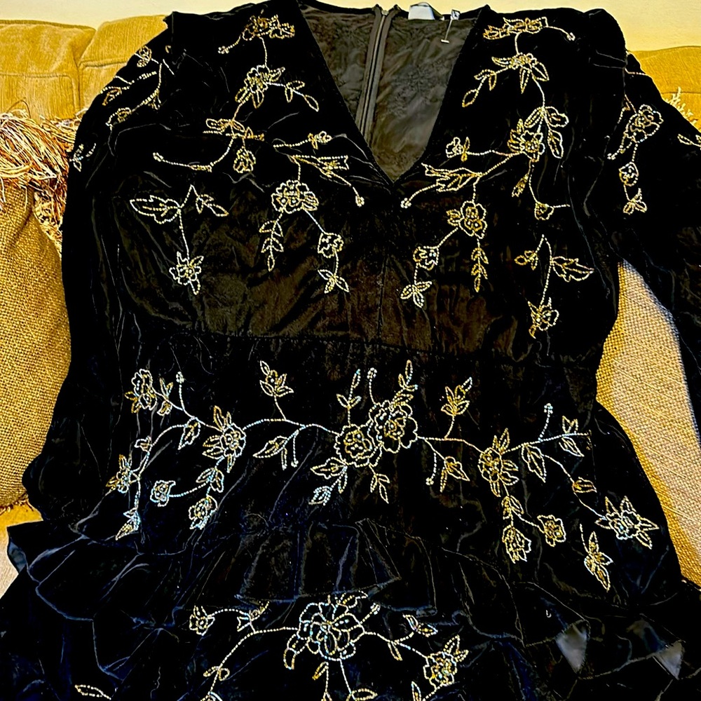 Long sleeve Black velvet dress with gold embroidered flowers
